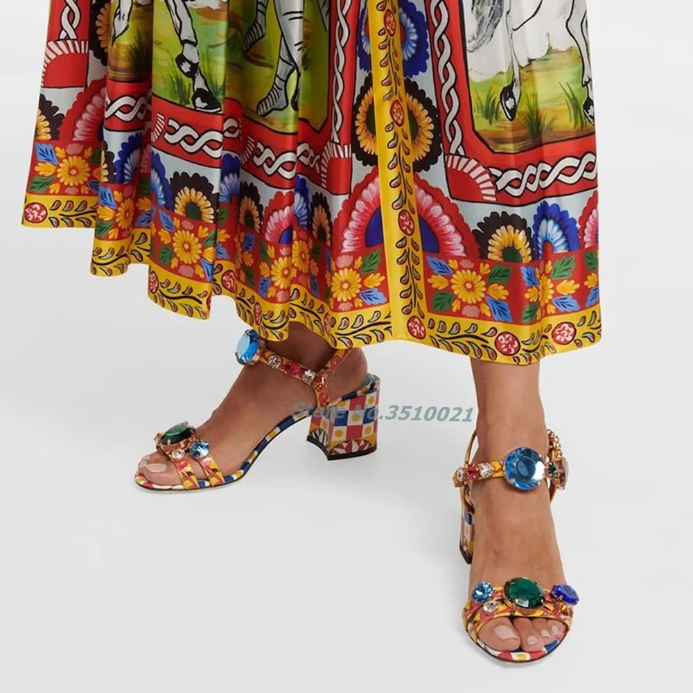 

Ethnic Style Bohemian Gem Crystal Sandals Round Open Toe Block Medium Heel Summer New Special Mixed Color Women Shoes 2024 New