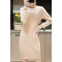 Elegant Cashmere Sweater Womens Dresses 100% Merino Wool Autumn Winter Turtleneck Knitted Dress Female Casual Long-Sleeve Skirts