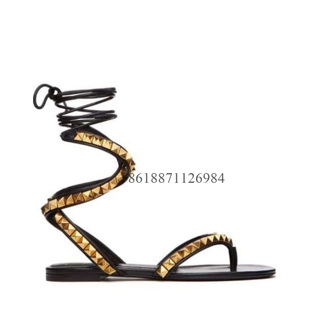 Cross Strap Round Toe Shallow Flat Summer Women Sandals With Rivet Chunky Low Heels Lace Up Design Large Size  Roman Shoes