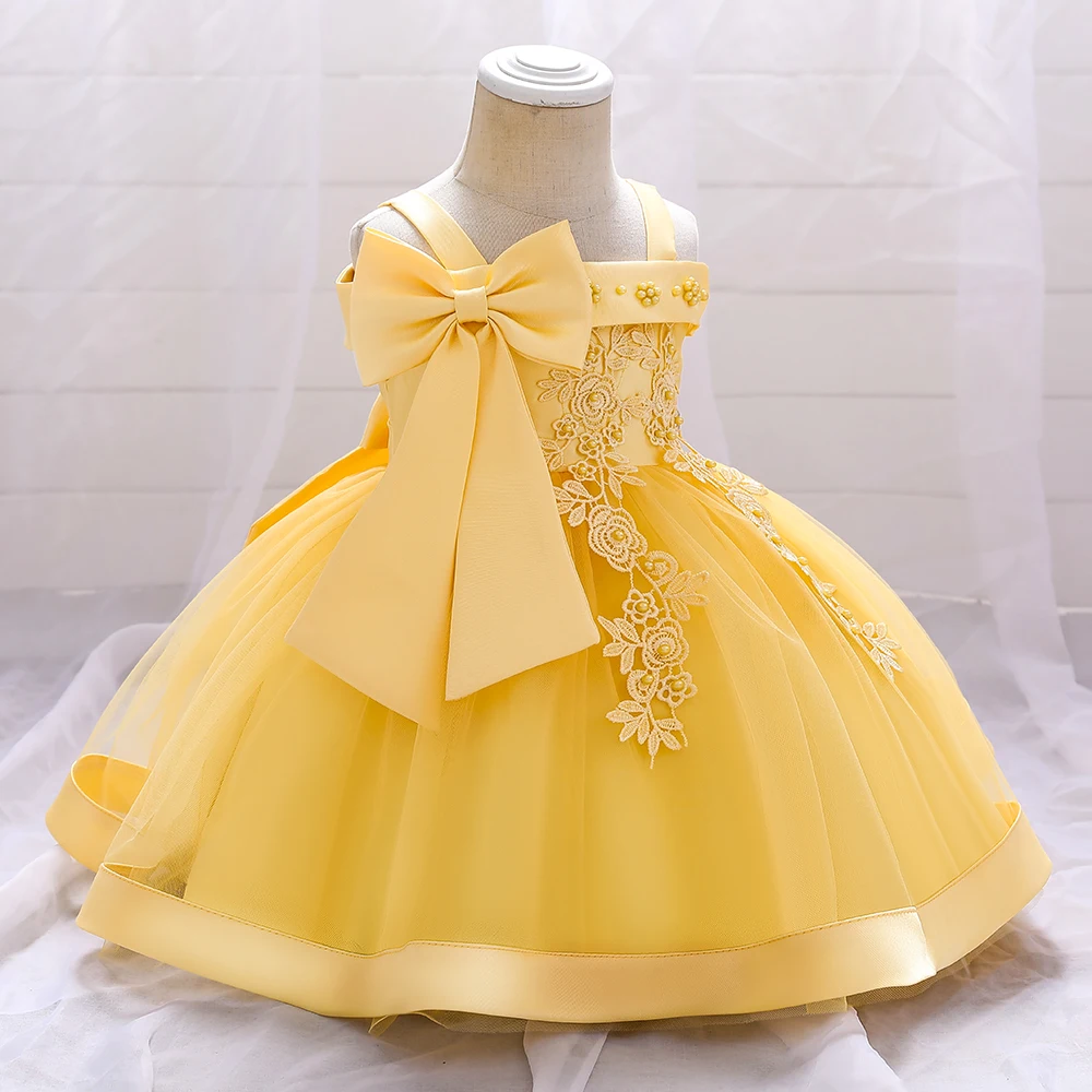 Toddler Baby Girls Summer Dress Applique Beading Bow Infant 1st Birthday Party Dresses For Wedding Prom Gown Baby Girl Clothes