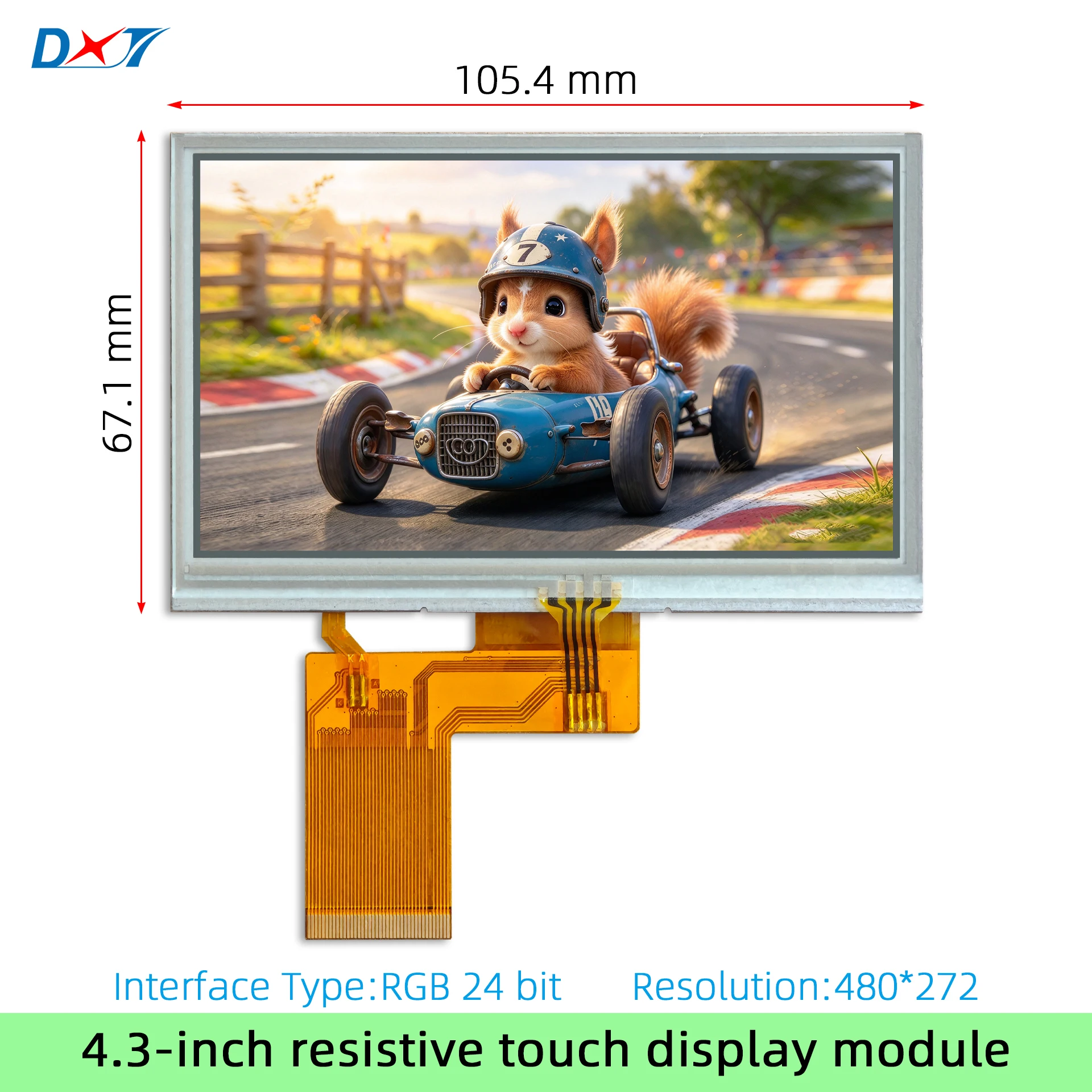 4.3-inch Resistive Touch Display Module, TFT LCD, 480*272 Resolution, 24-bit RGB, High Brightness, Wide Temperature Range.