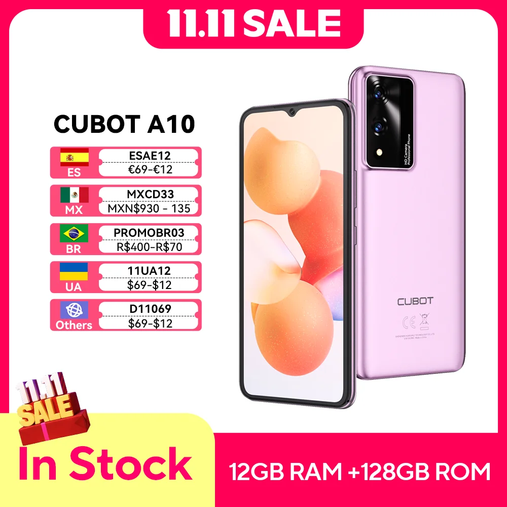Android Smartphone Cubot A10, 12GB RAM (4GB+8GB), 128GB ROM, Octa-core, 6.56-Inch 90Hz Screen, 5100mAh, 48MP, 5G WiFi, 4G Phone