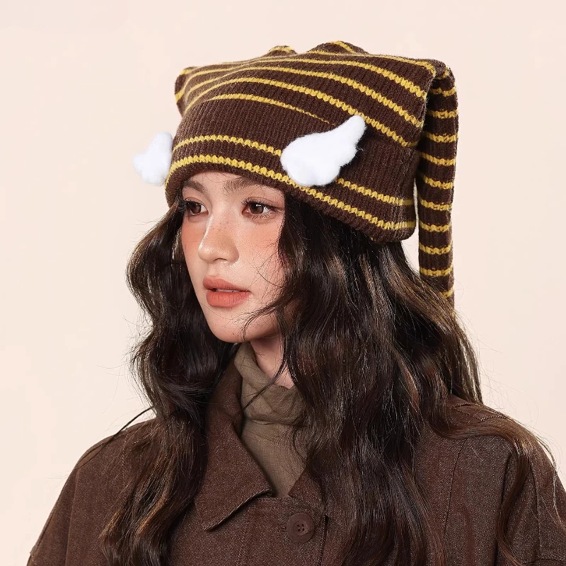 لطيف ثلاثية الأبعاد الجناح تصميم المتناقضة اللون مخطط قبعات منسوجة للنساء شتاء دافئ تنوعا شخصية آذان طويلة Y2K بيني