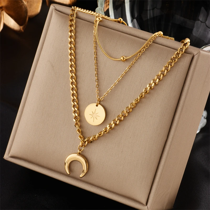 XIYANIKE 316L Stainless Steel Women\'s Necklace Double Layer Gold Color Geometric Pendant Necklaces Women Fashion Girls Jewelry