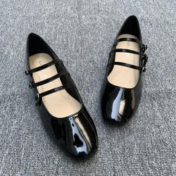 PU Leather Ballet Flat Shoes for Women Square Toe Black Mary Janes Shoes Ladies Casual Streetwear Three Buckle Strap Loafers