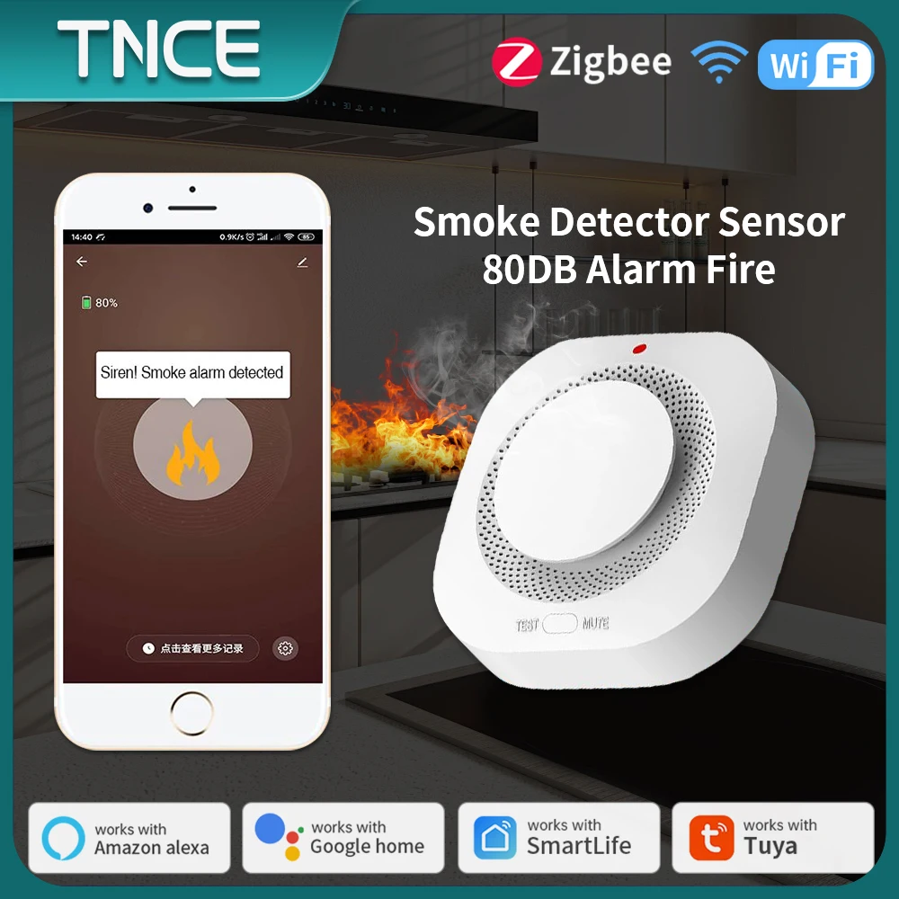 TNCE-Detector de humo Tuya zigbee con WIFI, Detector de humo de fuego con sensor de sonido de 80dB, aplicación smart life, Alexa y Google Home