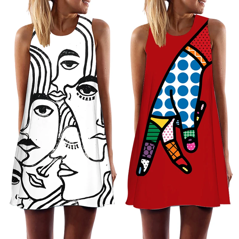 2023 Summer Women Vest Dress Sleeveless Abstract Face Art Printed O-Neck Mini Dresses for Female Casual Sweet A-Line Vestidos