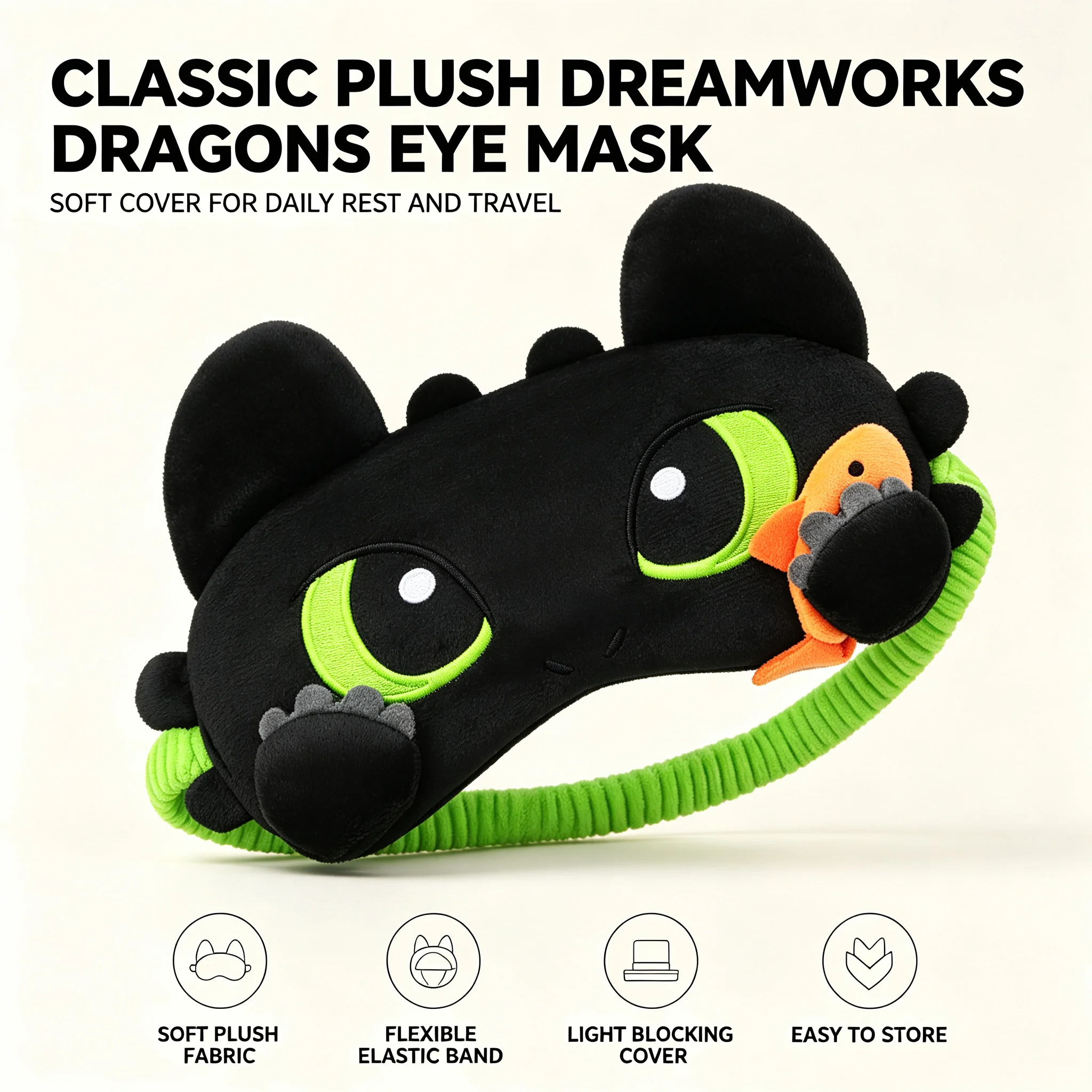 Toothless Night Fury Plush Sleep Eye Mask Cool Back Fabric Light Blocking Blindfold Travel Nap Rest Cute Cartoon Character Gift