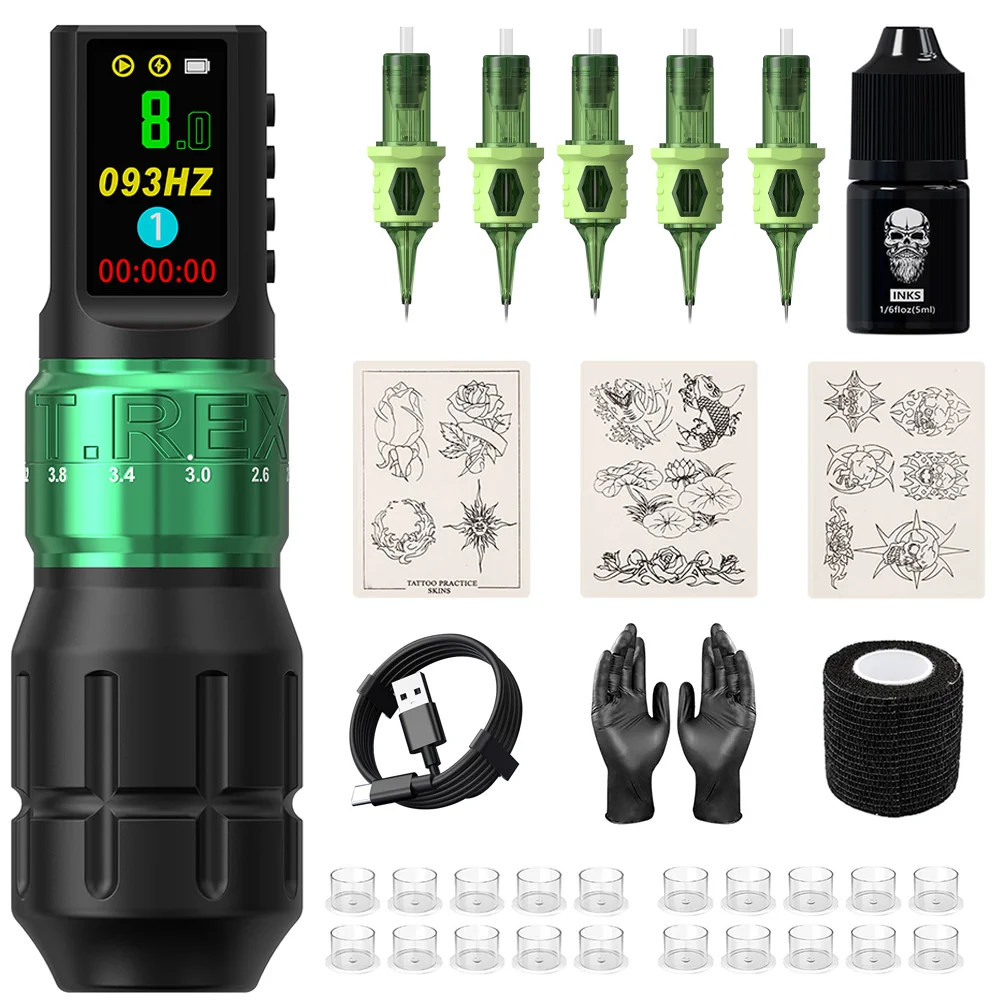 T‑Rex LCD Display Rotary Tattoo Machine Kit 2.3‑4.2mm Adjustable Stroke, 5 Random Needles Starter Tattoo Kit