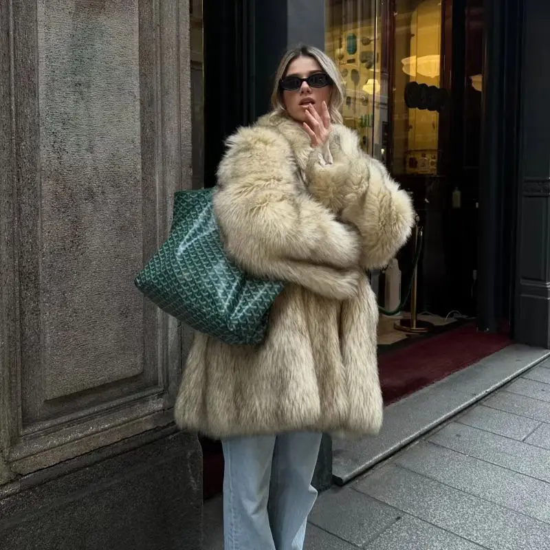 High-end Chic Lapel Faux Fur Warm Thick Coat Women Fluffy Cardigan Long Sleeve Loose Winter High Street Coats Vintage Fur Jacket