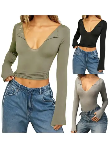 Bayanlar Uzun Kollu Üstler V Yaka Günlük Moda Düz Renk Dar Kesim Yoga ve Spor Salonu İçin İçlik Tişörtleri