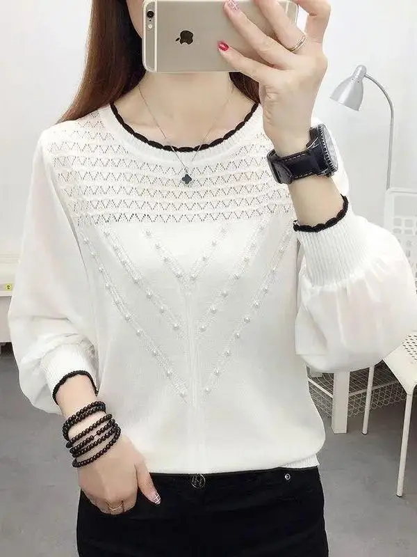 

Trendy Hollow out Thin Versatile Women's Knitted Sweater Pure Color High End round Neck Top Small Size Trendy Soft Loose Fit