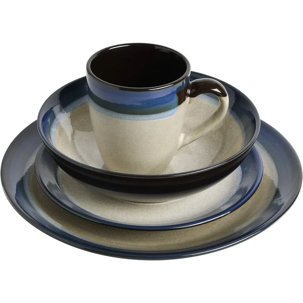 Ceramic Dishes to Eat Service for Four (16pcs) Dish Blue and Cream Tableware Set of Plates Dinner Sets Food Plate Kitchen Luxury