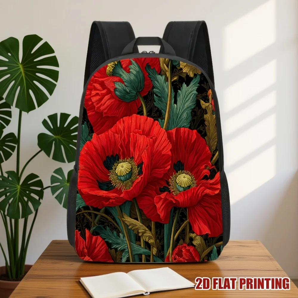 

1 piece bright red chrysanthemum and green leaf backpack - stylish 2D flat print polyester school bag with adjustable shoulder