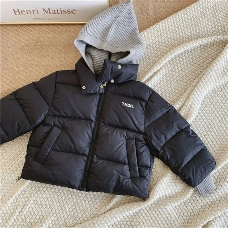 2024 New Winter Baby Toddler Boy Korean Style Knitted Patchwork Hooded Jacket Coat Thicken Outdoor Wear 2-7YEARS