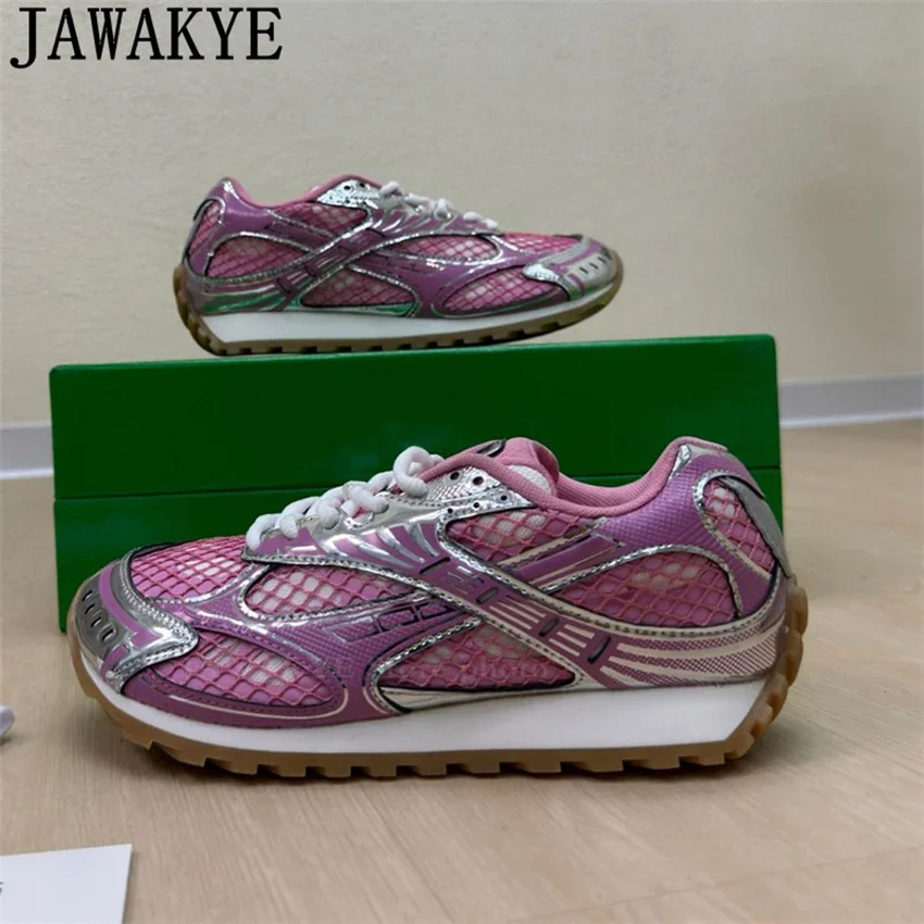 JAWAKYE Multicolour Mesh Lace-Up Flat Sneakers Women High Quality Casual Flat Shoes Comfort Trainer Running Shoes Woman