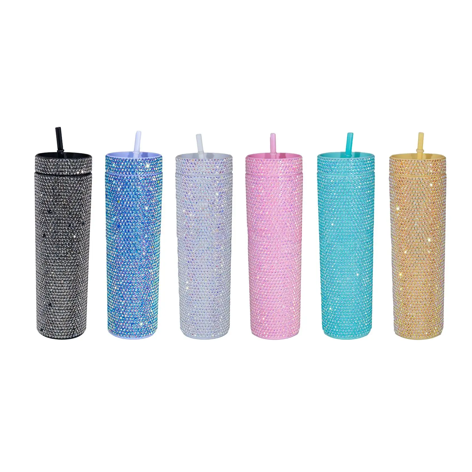 Glitter Crystal Coffee Mug Rhinestone Tumbler 450ml Water Bottle Reusable Plastic Cup with Lid and Straw BPA Free for Cold Brew