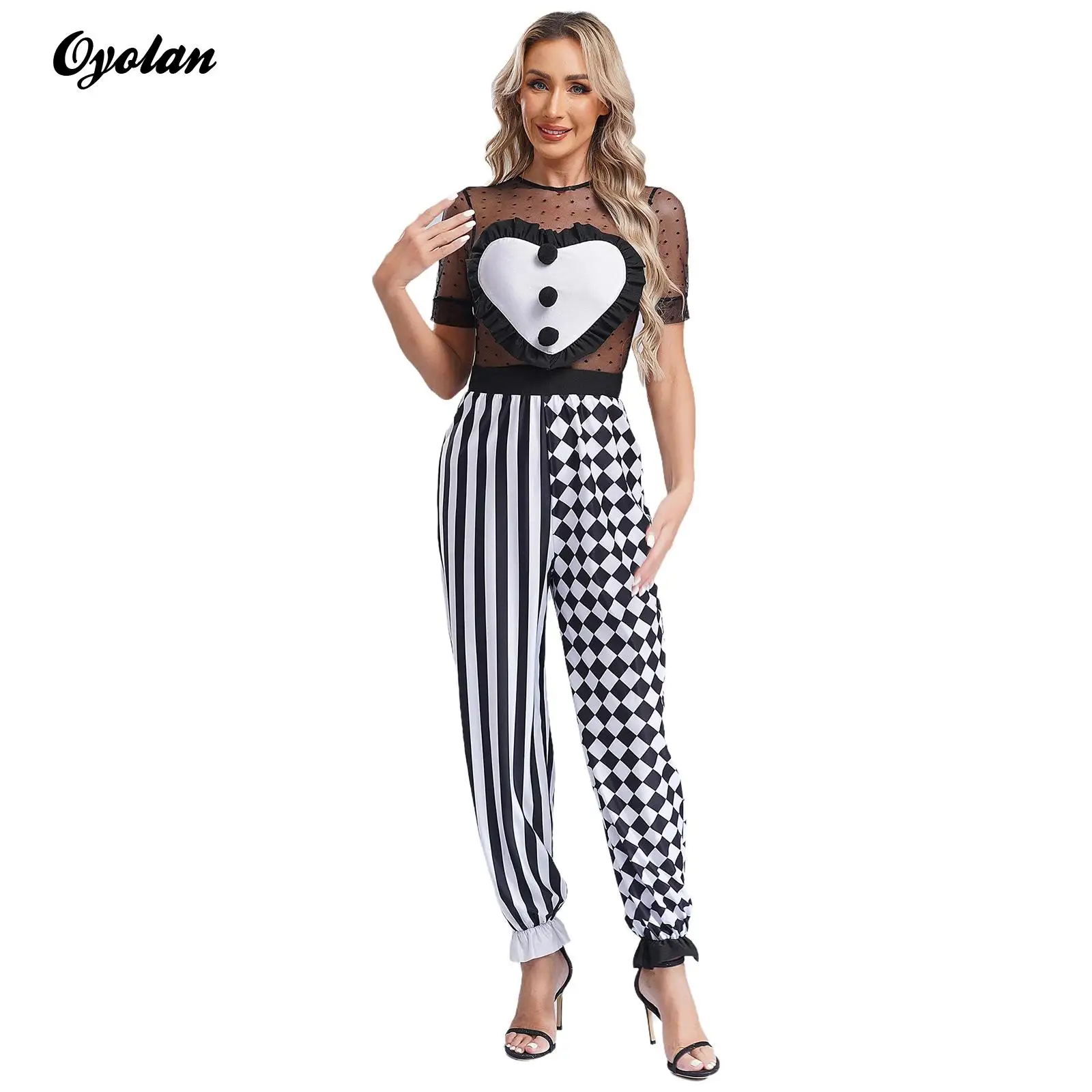 Creepy Clown Cosplay Costume for Womens Short Sleeve Ruffle Pompoms Stripes Checkered Pattern Clown Dress Up Carnival Costume