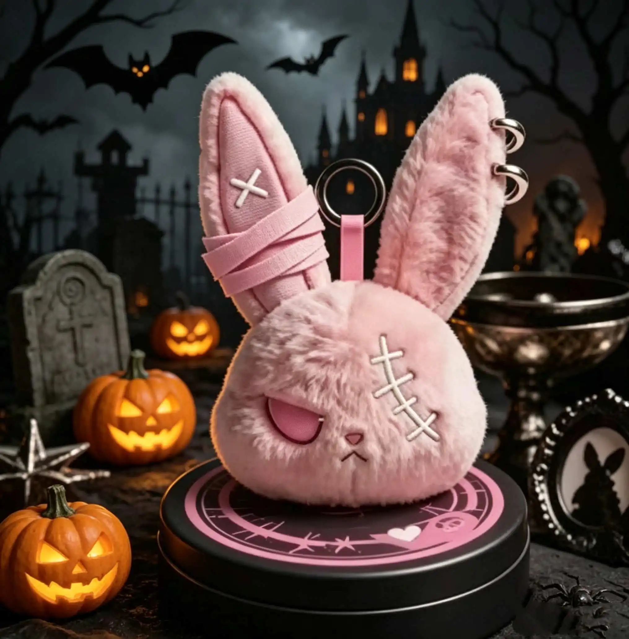 Halloween Gothic Hasen-Plüsch-Schlüsselanhänger, Kaninchen-Taschenanhänger mit Verband-Design, Kawaii Schlüsselring-Anhänger, Auto- und Taschen-Ornament, Geschenk