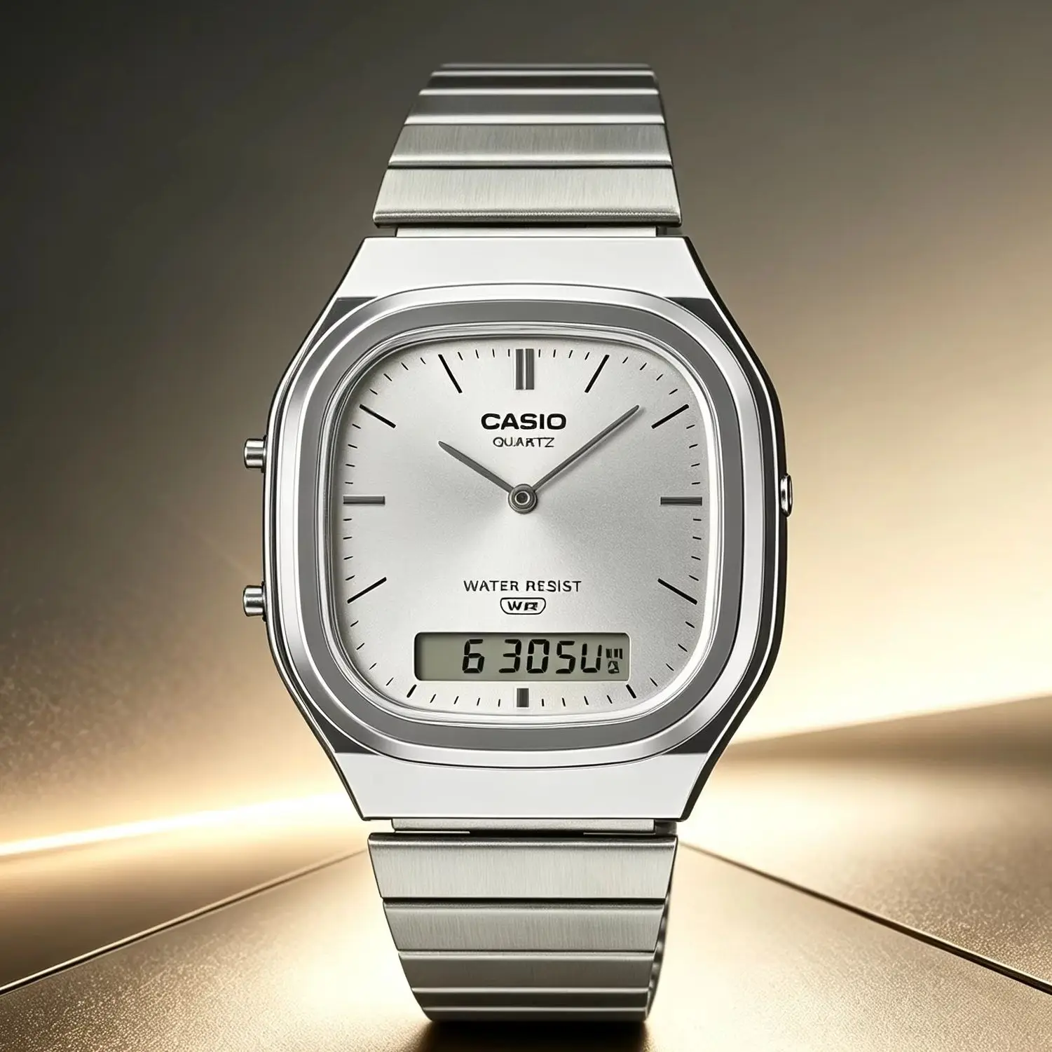 Casio AQ‑240E Analog‑Digital Watch | Water Resistant | Stainless Steel Band | Daily Alarm | Dual Time Men Wrist Watch