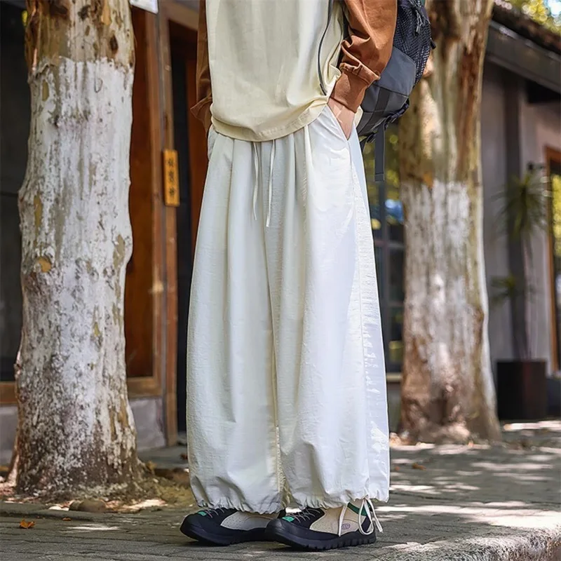 Men Loose Balloon Pants Drawstring Hem Wide Leg Draped Casual Trousers Summer Lightweight Oversized Streetwear Pants
