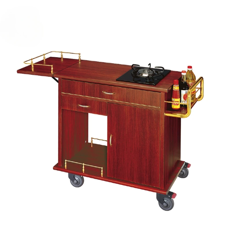 

Hotel solid wood four wheels cooking cart flambe trolley