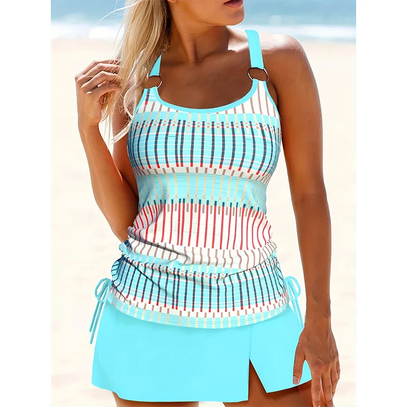 

2025 New Striped Tankini Sexy Two-Piece Swimsuit for Women European and American Style Tight-Fitting Backless Conservative Swim