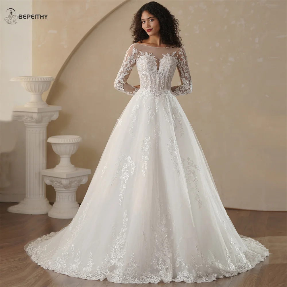 

BEPEITHY Customized Scoop A-Line Boho Wedding Dresses With Full Sleeves Vintage Bride Ivory Bridal Gown 2025 Low Back Vestidos