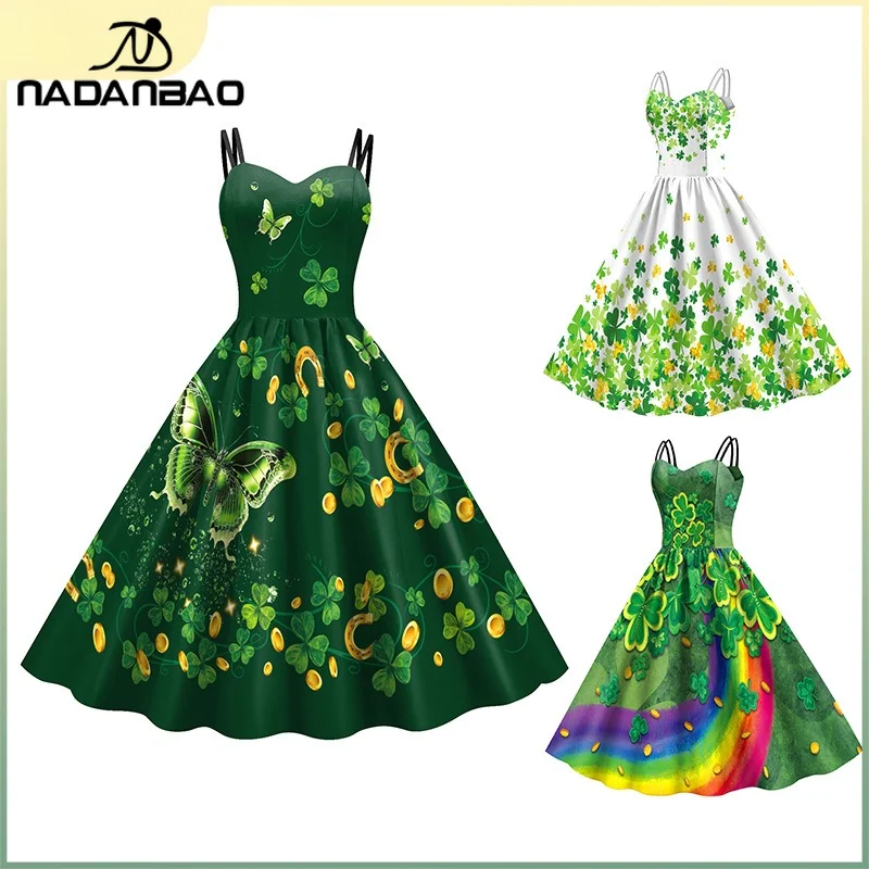 Nadanbao femmes chanceux trèfle imprimé robe saint-Patrick vert Shamrock robe d'été Style élégant taille haute robes sans manches