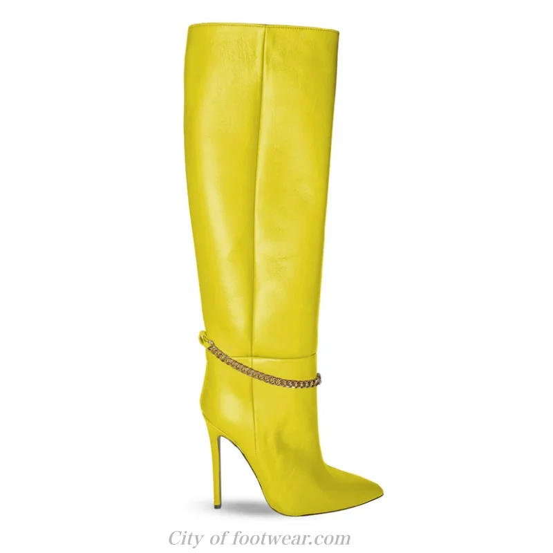 Colorful metal chain leather sexy knee high boots pointy toe Stilettos pull on big size long boot luxury designer party shoes