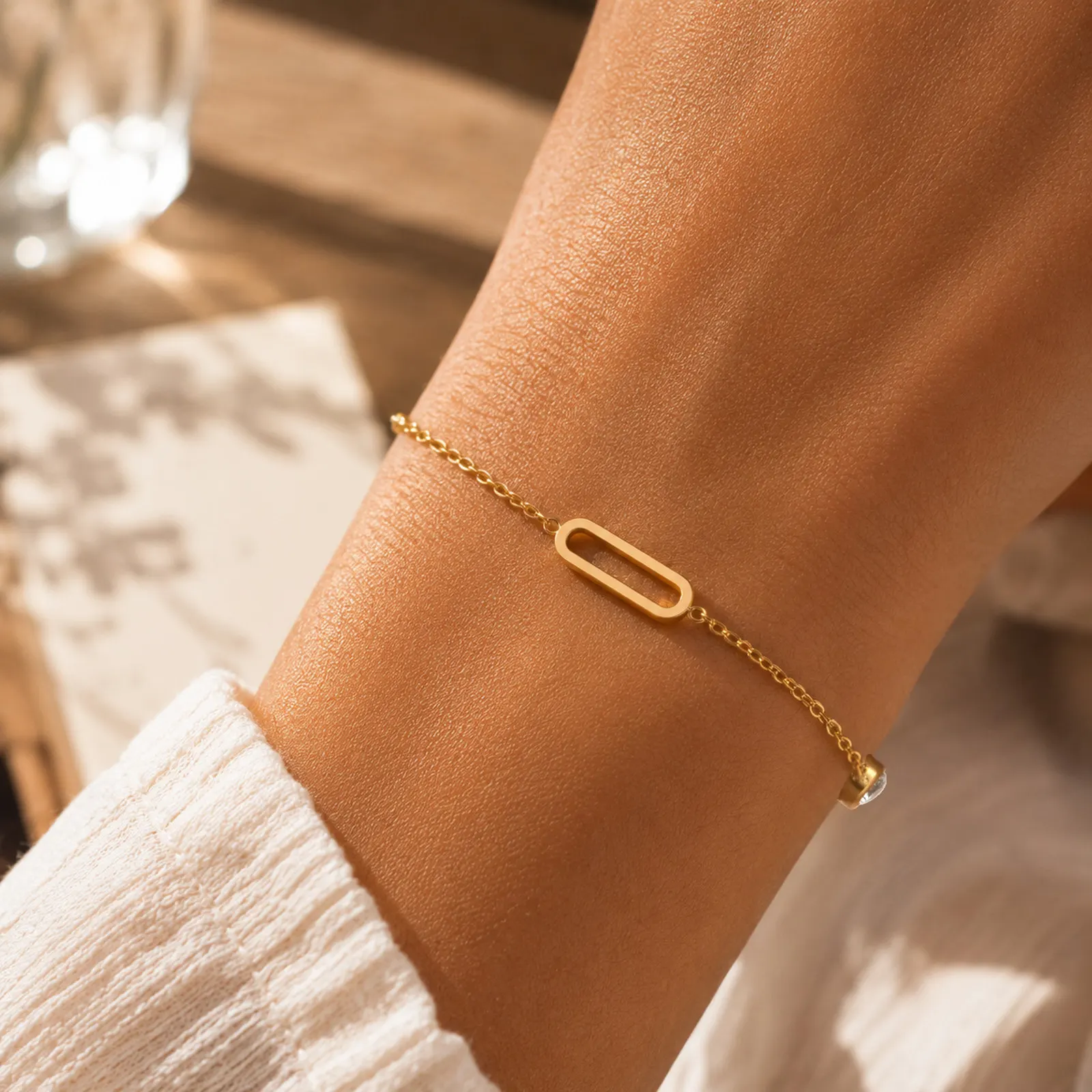 CZ Geometric Bracelet for Women, 18K Gold Plated Stainless Steel Dainty Chain, Minimalist Jewelry