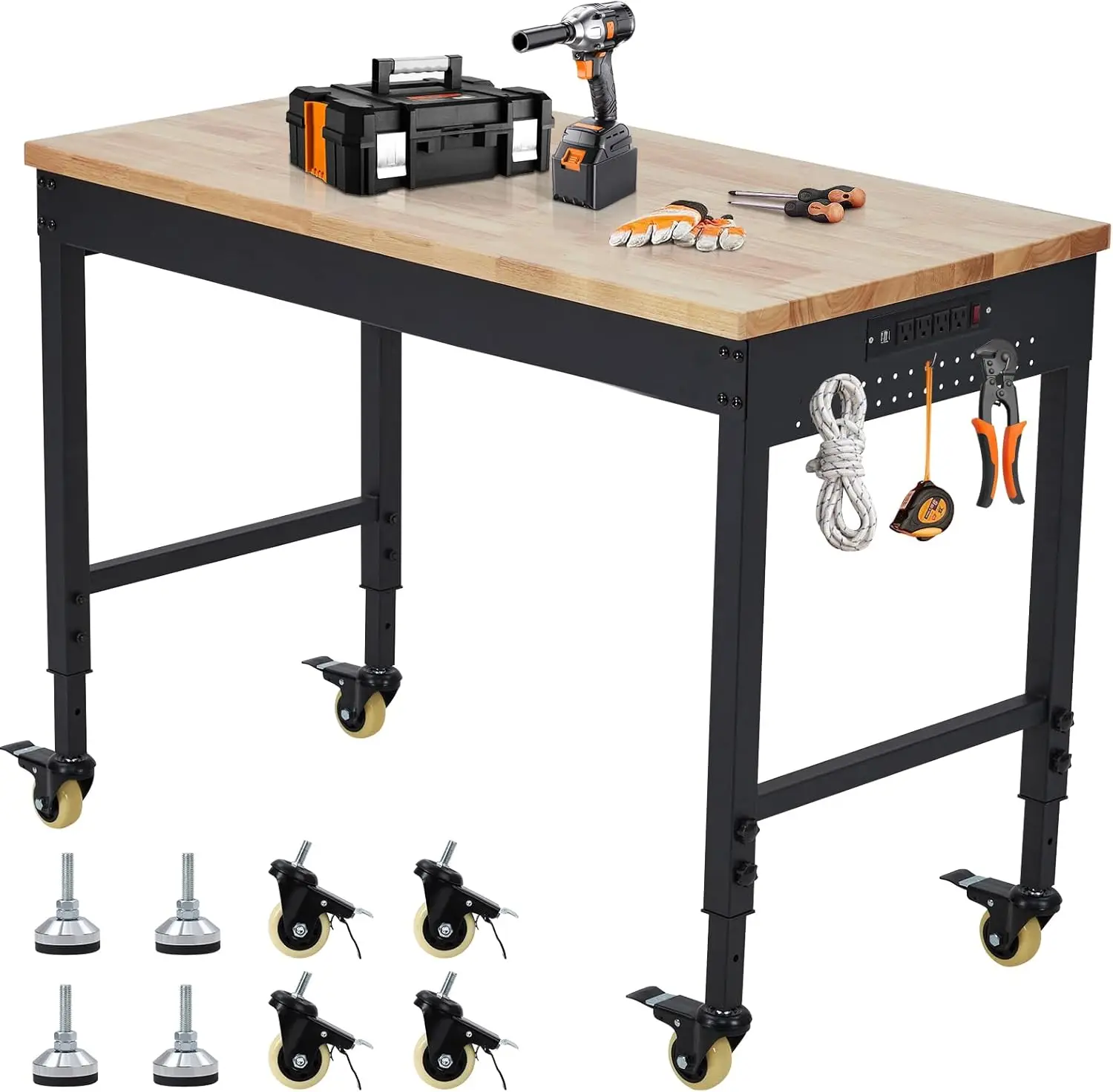 

72" x 25" Adjustable Workbench 2000 Lbs Capacity, Rubber Wood Table Heavy Duty Workstation with Hardwood Top, Power Outlets,