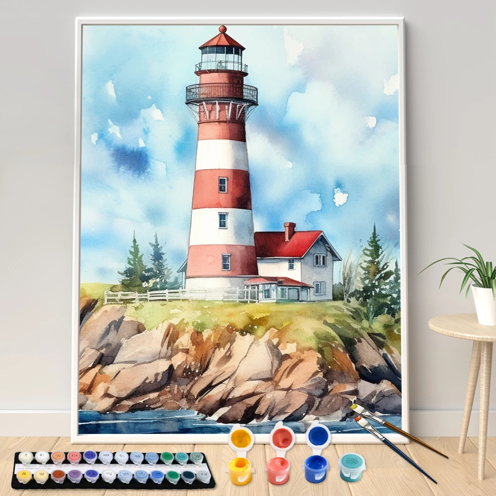 Painting By Numbers Hand Lighthouse By The Sea Adult Acrylic Kit Seascape DIY Acrylic Paint Canva Artwork Gift Home Decorate