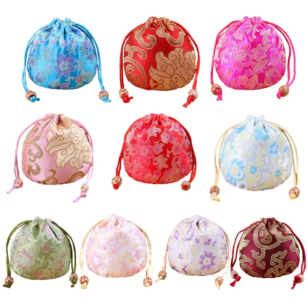 Chinese Style Embroidery Flower Drawstring Bag Beaded Floral Festive Sugar Bag Large Capacity Jewelry Packing Bag