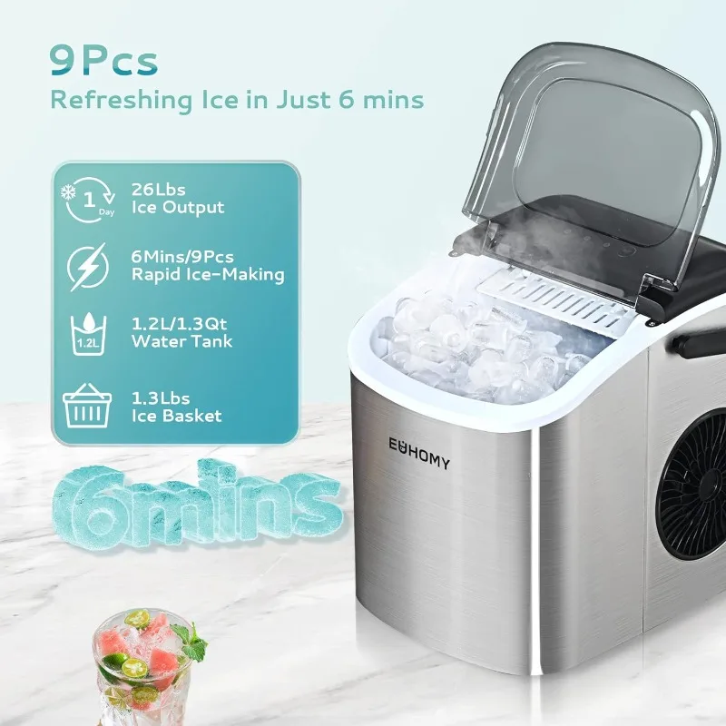 EUHOMY-Máquina Ice Maker bancada com alça, 26lbs em 24h, 9 Cubos de Gelo Pronto em 6 Mins