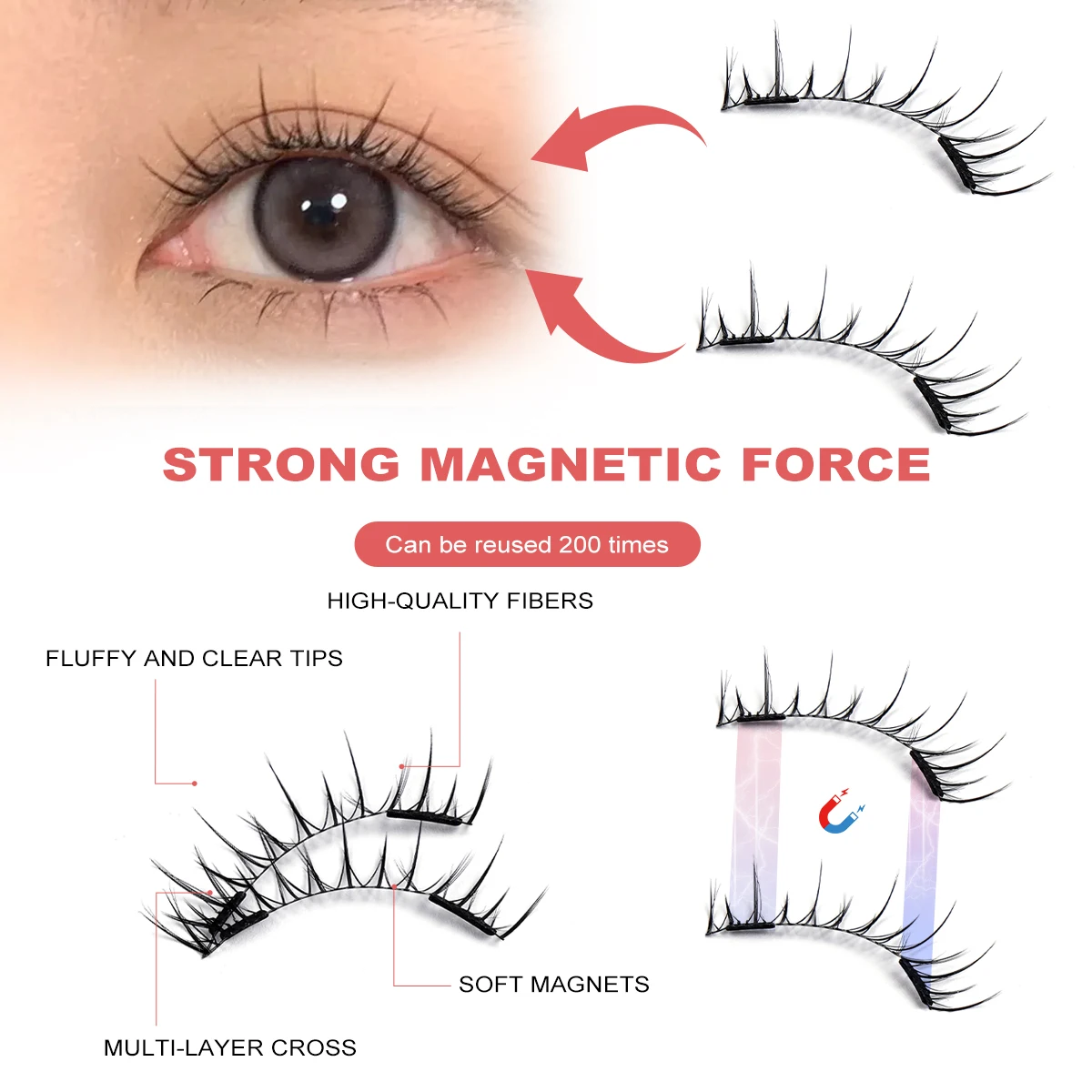 MAGEFY 5 pares de pestañas magnéticas de ojo de gato de Anime con aplicador, cepillo para cejas, No se necesita pegamento, herramientas de extensión de pestañas naturales