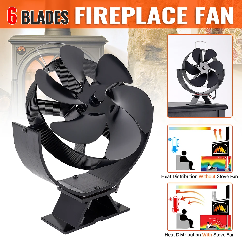 Kamineventilator mit 6 Flügeln 360 °   Rotierender, wärmebetriebener Ventilator, leise, effiziente Wärmeverteilung für Holzbrenner, Winterwärmer