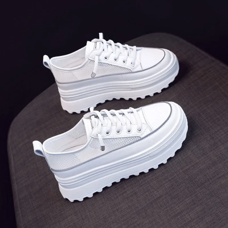 5.5cm Genuine Leather Platform Wedge Shoes Chunky Sneaker White Casual Shoes Comfortable Breathable Spring Autumn Shoes