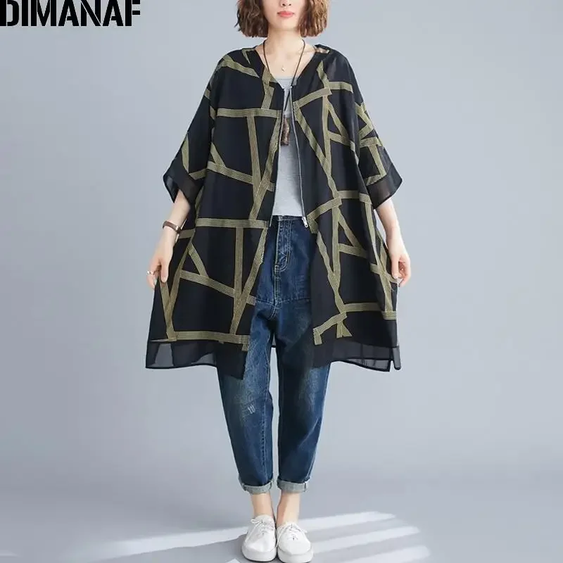 DIMANAF Summer Plus Size Jackets Coats Women Clothing Vintage Print Striped Lady Outerwear Loose Casual Zipper Cardigan Thin