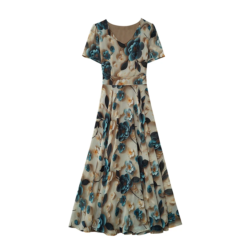 2025 Summer New Chiffon Floral Dress Women Elegant Fashion Bodycon Luxury Party Long Dress Korean Vintage Chic Prom Midi Vestido