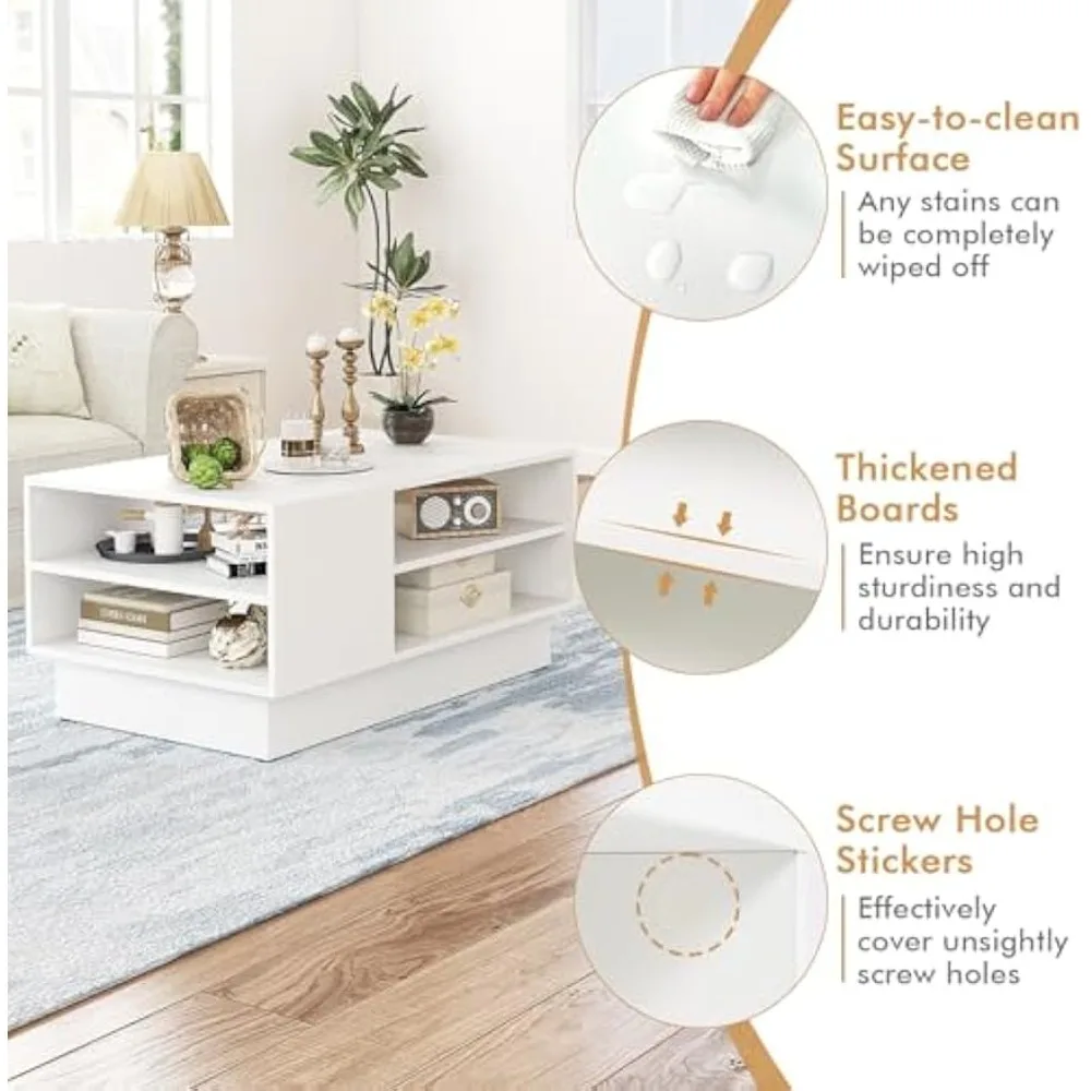 Mesa de centro rectangular de 2 niveles con base elevada y diseño geométrico moderno