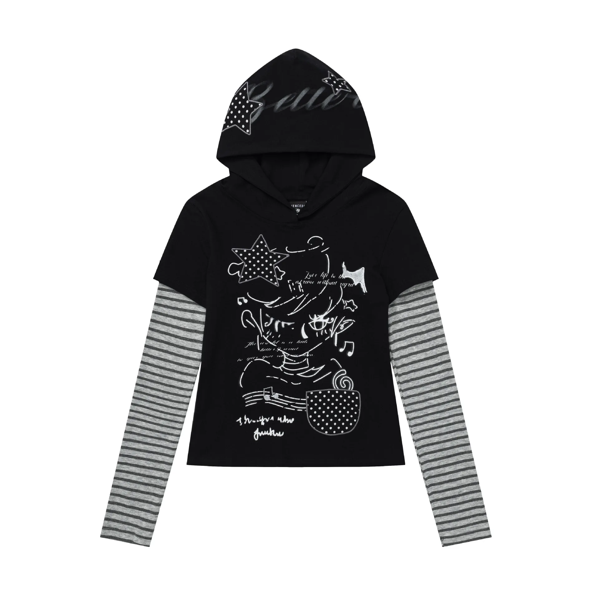 

2026 Spring Women American Retro Fake Two Piece Long Sleeve T Shirt Striped Patchwork Print Hooded Tee For Y2K Street Style