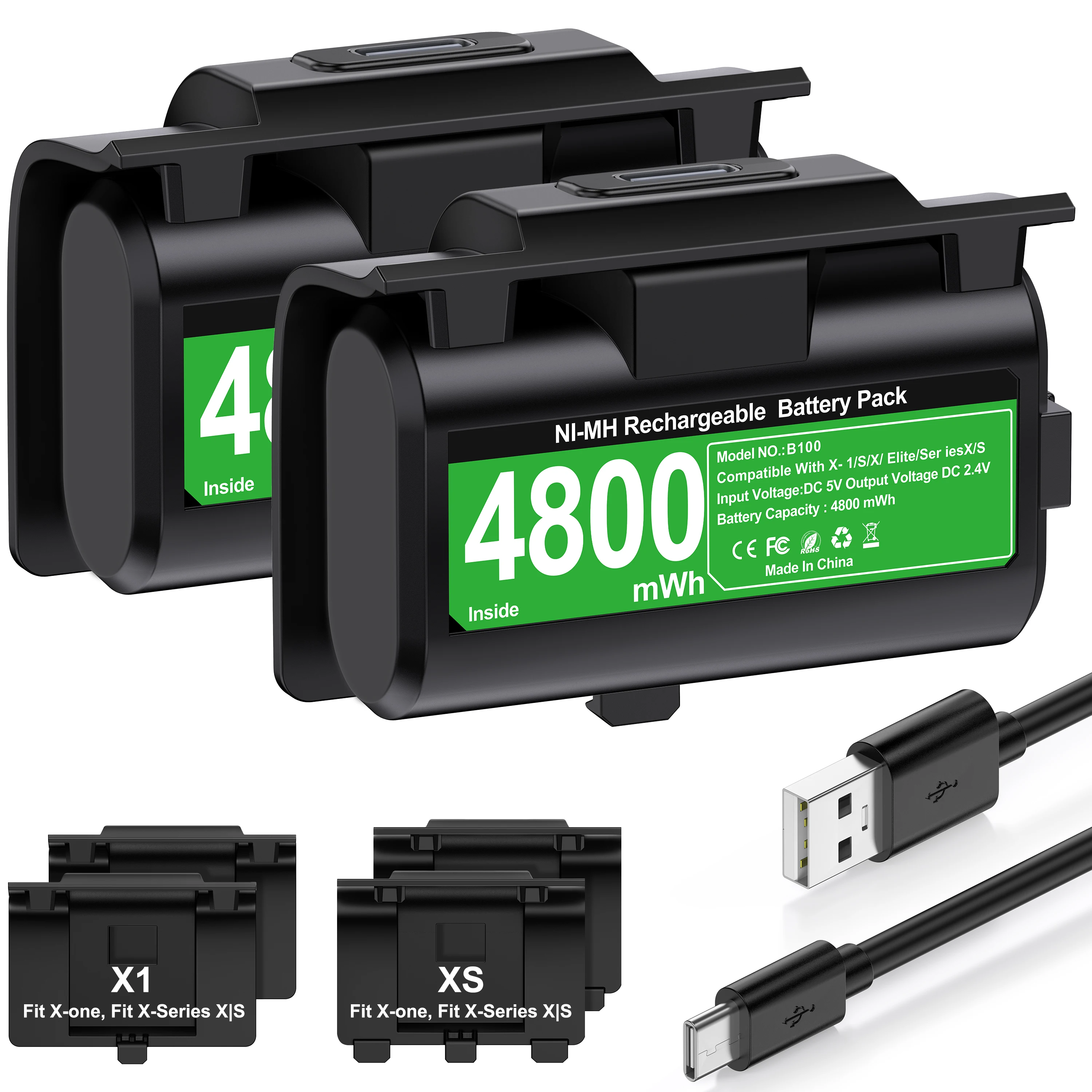 DinoFire wiederaufladbare 2x4800mwh Akkupacks für Xbox Series X/S und Xbox One X/S Akku mit Ladekabel