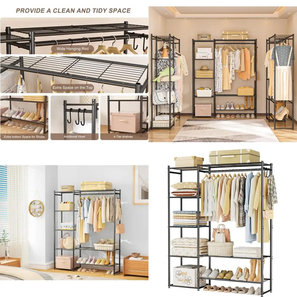 

4-Tier Portable Hanging Closet Organizer with Black Steel Frame for Bedroom Storage