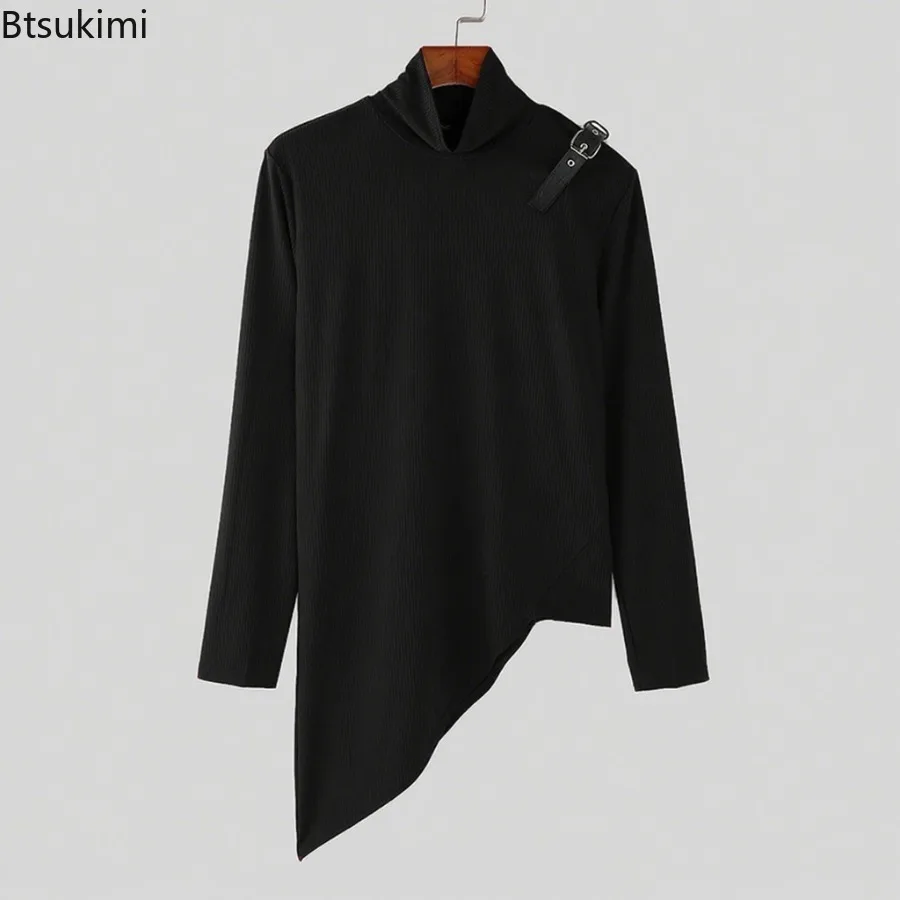 2025 Spring  Autumn Men Solid Slim Fit High Neck Elasticity T-shirt  Male Stripe Long Sleeved Tights Fashion Casual Streetwear