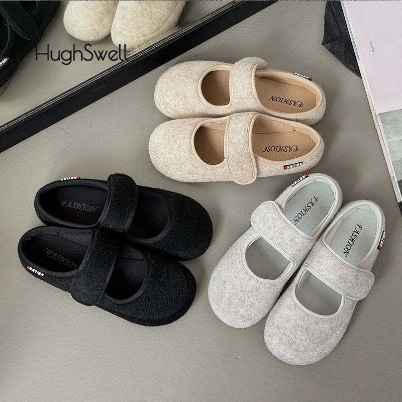 Soft Cotton-padded Shoes Woman Fashion Brand Design Round Toe Fleece Felt Ballet Flats Ladies Winter  Comfy Warm Wool Mary Janes