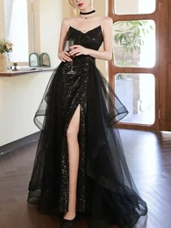 Customized Luxury Shinny Squined Sling Wedding Party Vestidos Sexy Elegant Temperament Prom Dress Split Mesh Tiered Simple Eveni