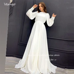 Verngo Modest Simple Silk Chiffon A Line Wedding Dresses Puff Long Sleeves Bateau Neck Dubai Arabic Bridal Gowns Formal Dress