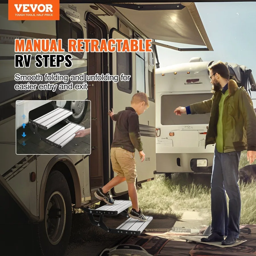 RV Steps 2Step Manual Retractable RV Stairs Foldable 440 LBS Load Capacity Aluminum Alloy Steps Thickened Steel Plate NonSlip