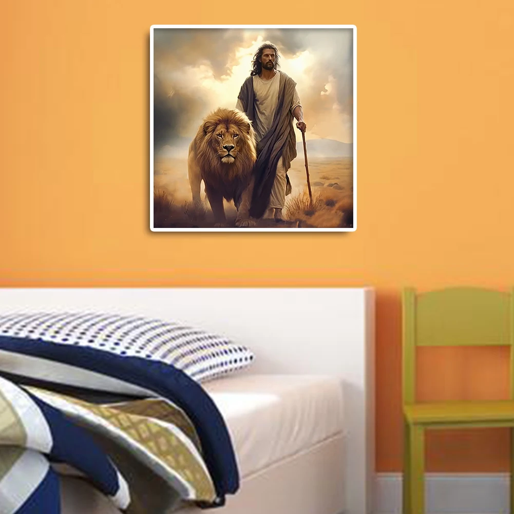 5D DIY Full Round Drill Diamond Painting Jesus&Lion Home Decor Art Craft 30x30cm